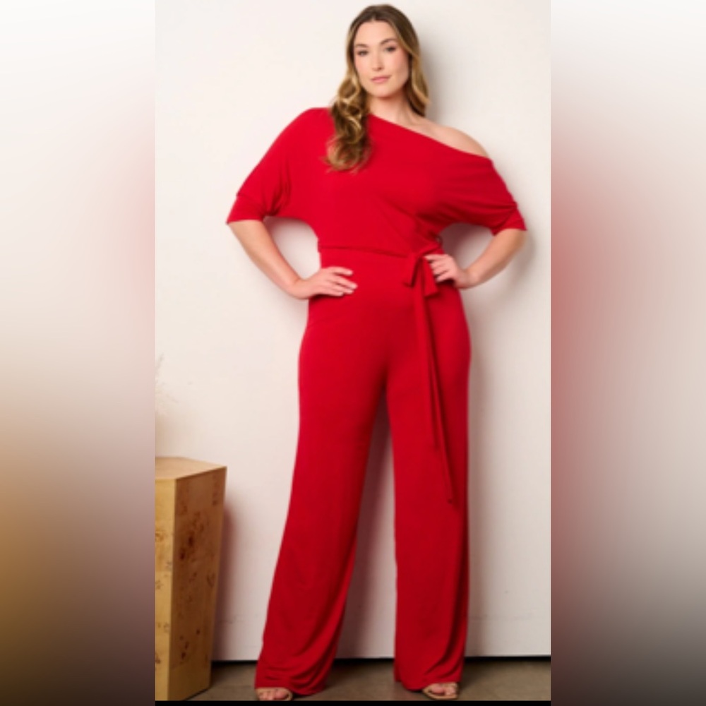 WOMEN'S SHORT SLEEVE OFF SHOULDER SELF TIE WIDE LEG JUMPSUIT RED BOW TIE WAIST